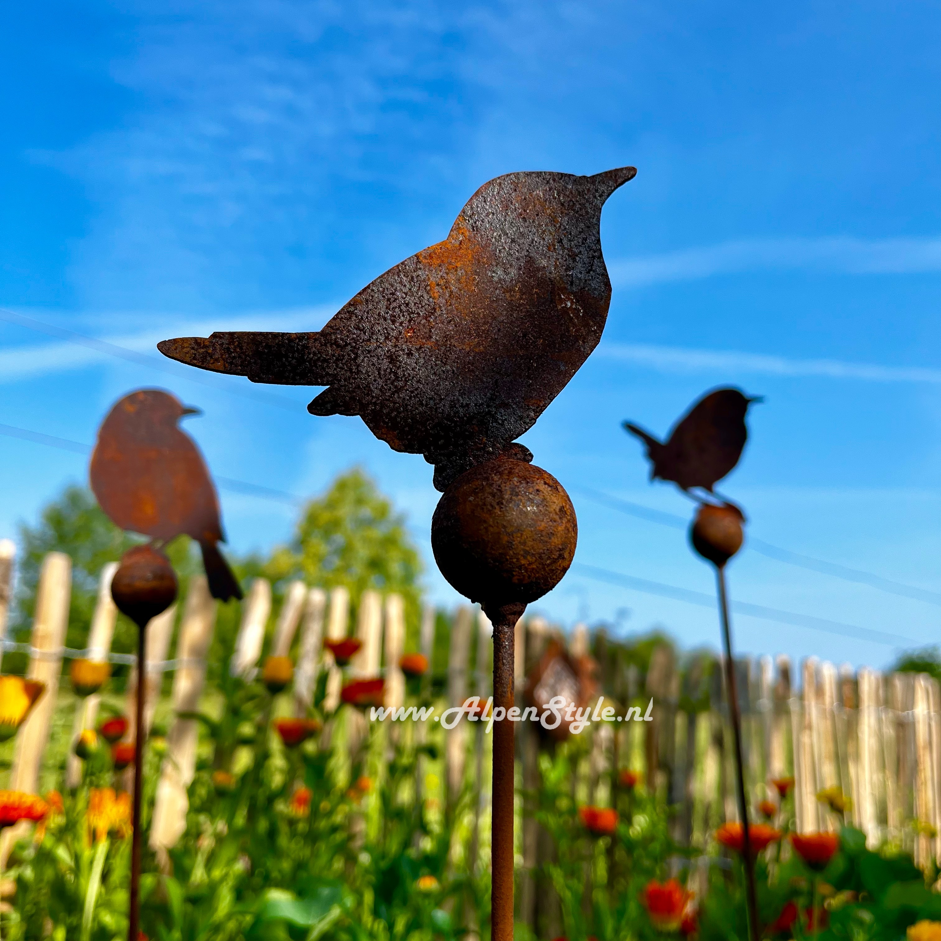 Vogels op wiebelstaaf met gewichtsbol (set van 3!) 115 x 8 cm, Roest metaal tuindecoratie