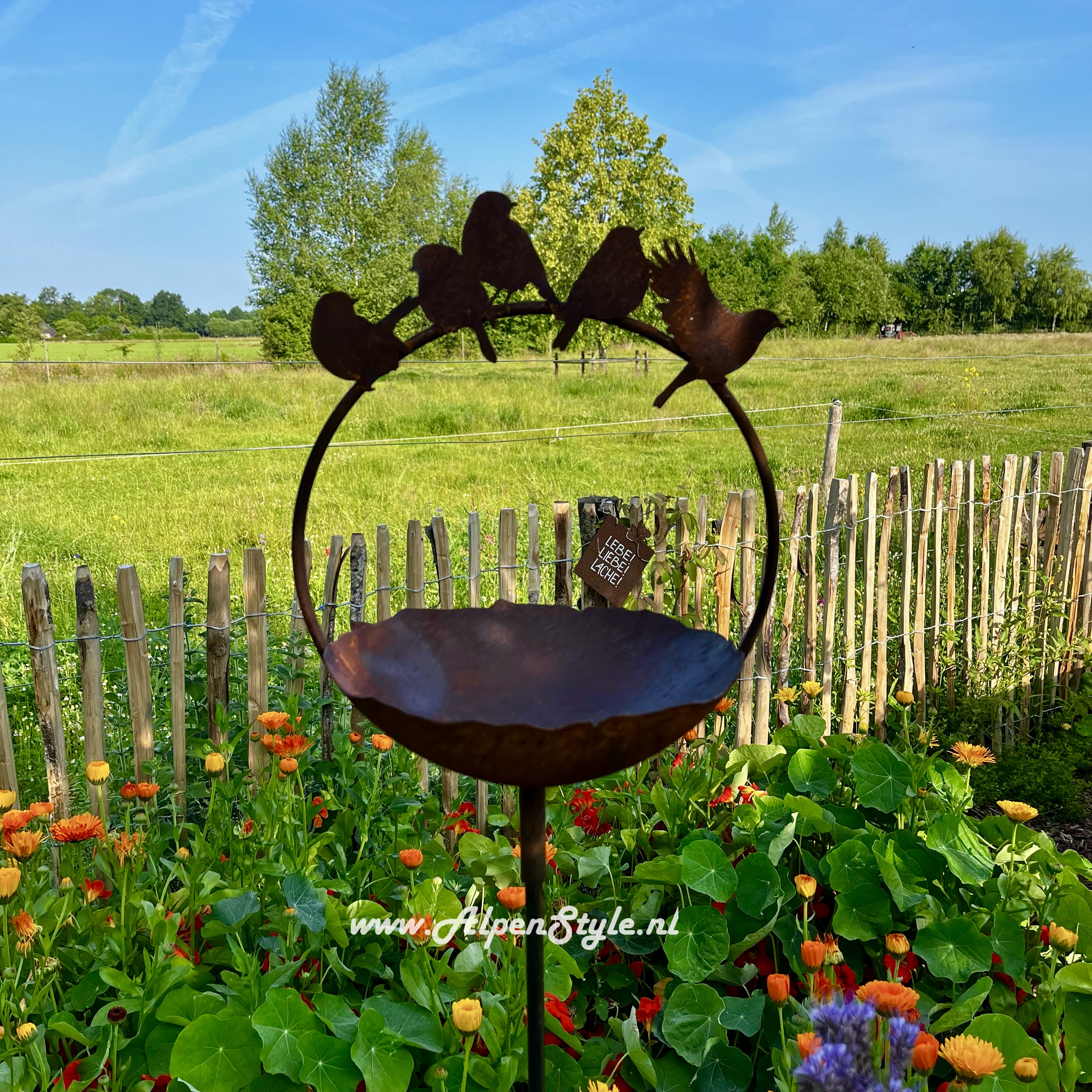 Vogelbad drinkschaal tuinsteker, 157 x 30 cm. Roest metaal decoratie