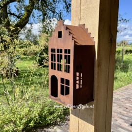 Voederhuis "Grachtenpand" hangend xl. 36 x 17 cm. Roest metaal tuindecoratie