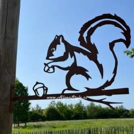 Grote eekhoorn met eikeltjes ©AlpenStyle, 42 x 30 cm, Roest Metaal tuindecoratie