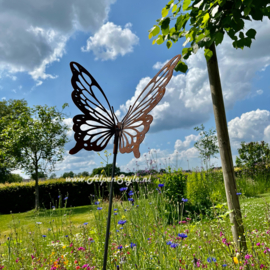 Vlinder Tuinsteker, (koninginnenpage) sierlijk uitgesneden, 36 x 35 x 130 cm, Roest Metaal Tuindecoratie