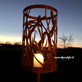 Libelle windlicht op tuinsteker, 23 x 14 x 145 cm. Roest Metaal Decoratie