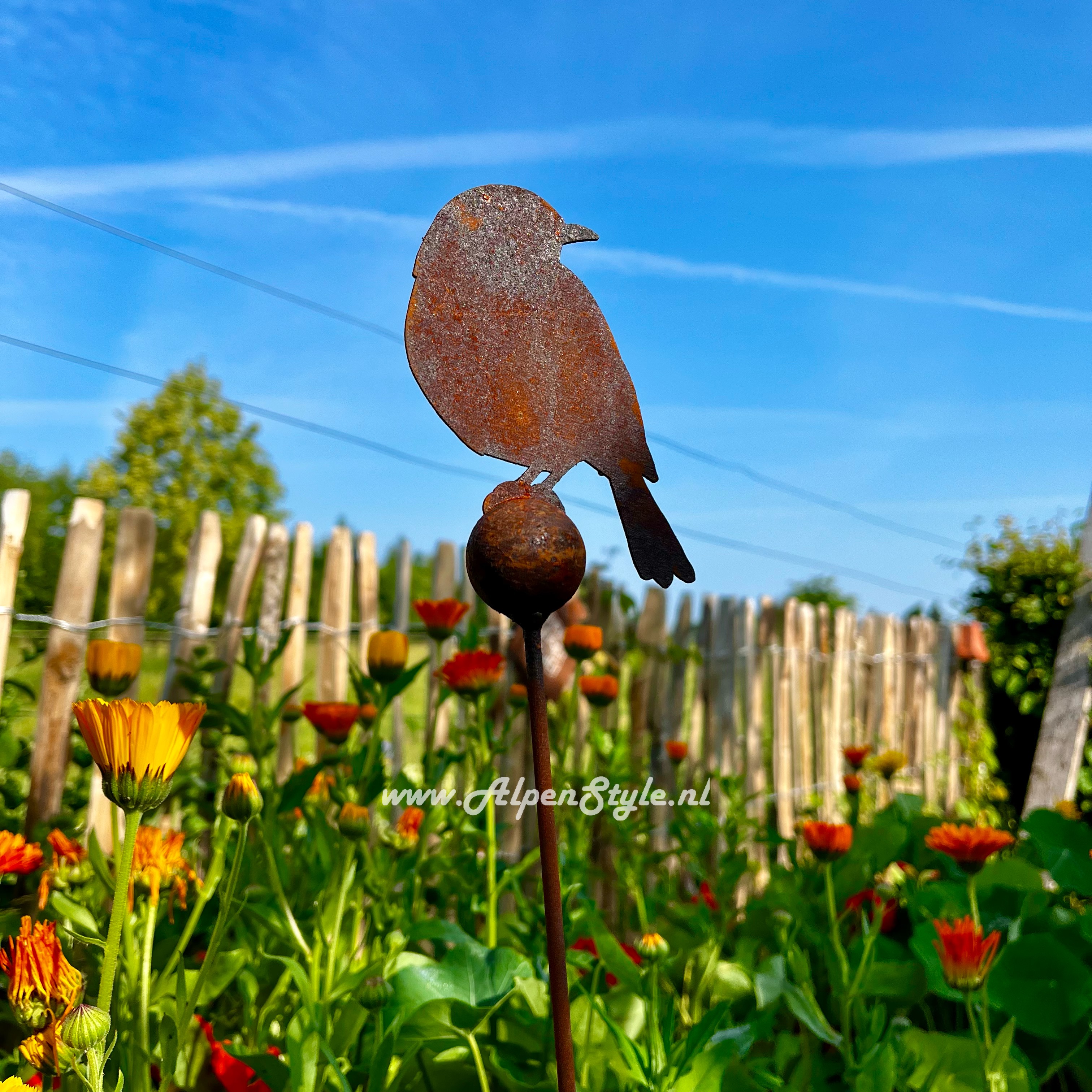 Vogels op wiebelstaaf met gewichtsbol (set van 3!) 115 x 8 cm, Roest metaal tuindecoratie