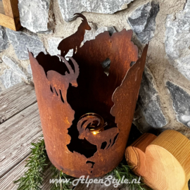Windlicht bergen, Steenbok en Gems. 35 x Ø 22 cm. Roest metaal decoratie