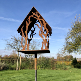 Vogelhuis met takken motief (zwaar), 152 x 21 x 21 cm. Roest Metaal Decoratie