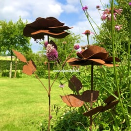 Roos met bladeren, tuinsteker. 100 x 28 cm. Roest Metaal Decoratie