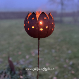 Vuurbloem (fakkelhouder) "Tulp" op tuinsteker, 120 x 18 cm, Roest design