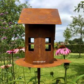 Vogelhuisje op tuinsteker, 19 x 16 x 140 cm. Roest Metaal Decoratie