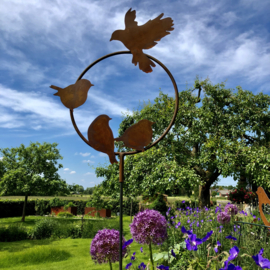 4 vogels in ring, tuinsteker. Diameter 45 cm, lengte 162 cm. Roest Metaal Decoratie