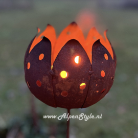 Vuurbloem (fakkelhouder) "Tulp" op tuinsteker, 120 x 18 cm, Roest design