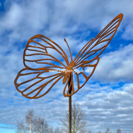 Vlinder Tuinsteker, (landkaartje) sierlijk uitgesneden, 34 x 26 x 130 cm, Roest Metaal Tuindecoratie