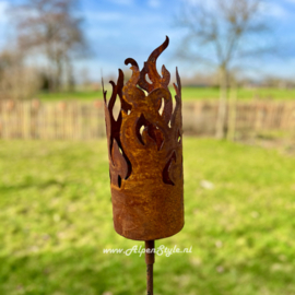 Fakkelhouder met vlammenmotief, 150 x 12 cm. Roest metaal tuindecoratie