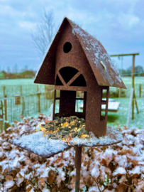 Vogelhuisje op tuinsteker, 19 x 16 x 140 cm. Roest Metaal Decoratie