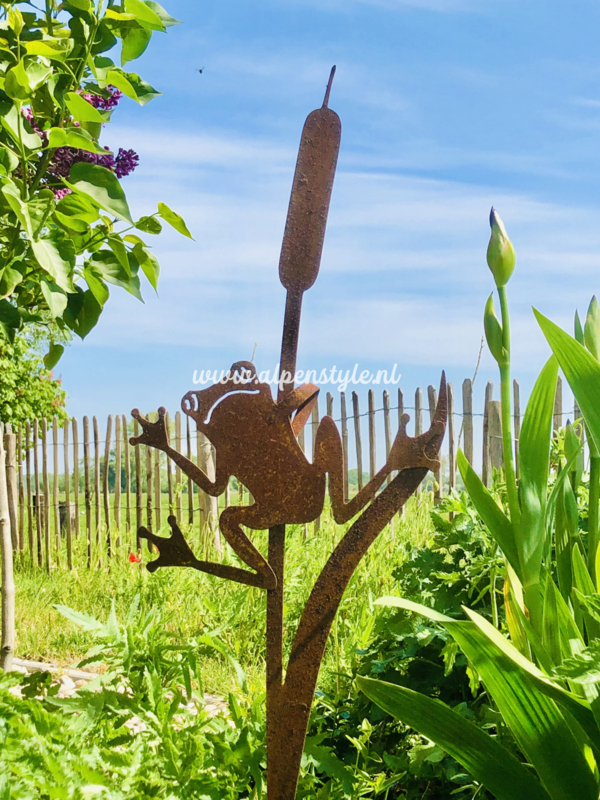 Kikker in rietpluim tuinsteker, 30 x 95 cm. Roest Metaal Decoratie