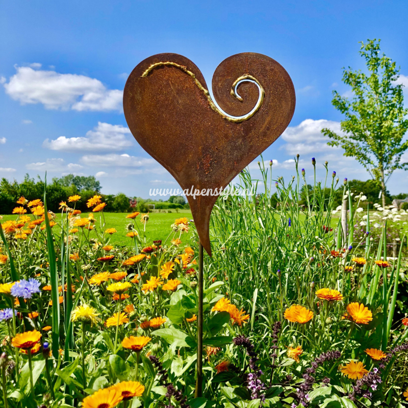 Gouden hart met krul, tuinsteker. 130 x 30 cm. Roest Metaal Decoratie