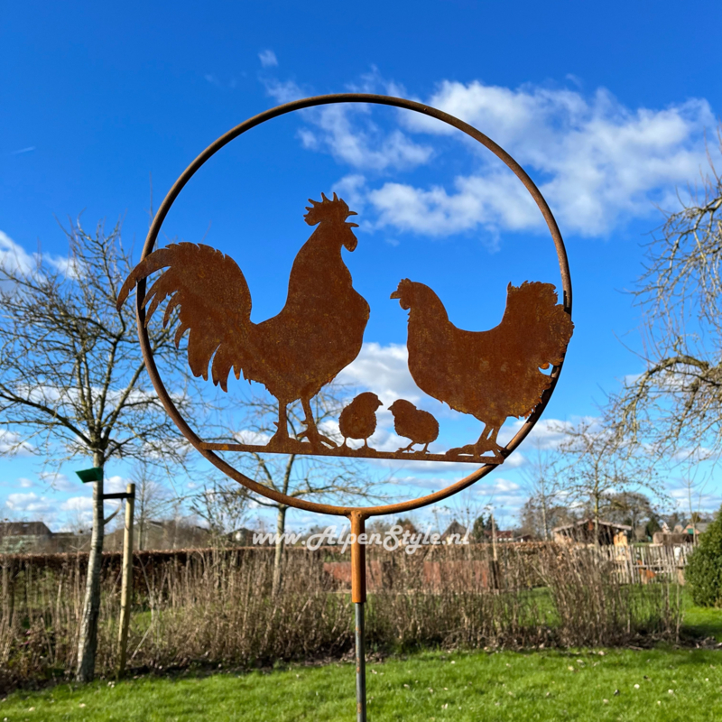 Kippen familie in ring tuinsteker, ⌀40 cm x 160 cm , Roest Metaal Tuindecoratie