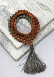 Tibetan rudraksha prayer mala with labradorite beads