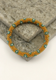 Glasperlenarmband - gold mit blau-weißen Blüten