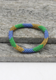 Glaskralen armband - blauw, groen en goud