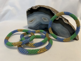 Glaskralen armband - blauw, groen en goud