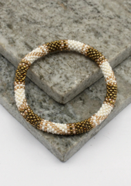 Glaskralen armband - wit, brons en goud
