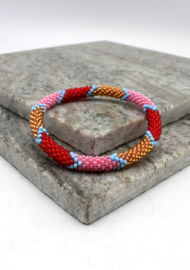 Glaskralen armband - rood, goud en roze