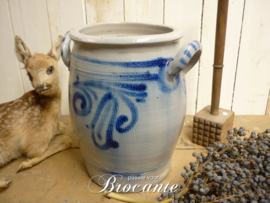 Oude brocante bewaarpot (smoutpot) in grès aardewerk, blauw grijs