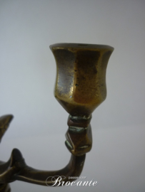 Antiek bronzen driepoot  kandelaartje met vogeltje