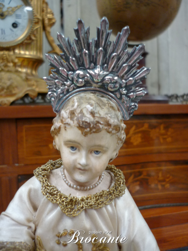 Prachtig antiek kindje Jezus met zilveren straal krans