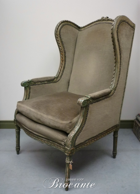 Oude groen gepatineerde Louis XVI oorzetel (fauteuil)
