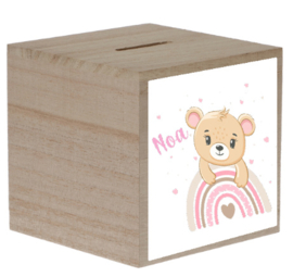 Houten spaarpot kubus | Beer roze