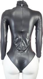 Jumpsuit - Maat onesize - Wetlook Zwart glans lange mouwen met col coltrui pak bodysuit