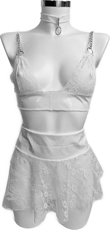 Sexy Datex set rok top Wit - Latex en stof Erotische lingerie set lak