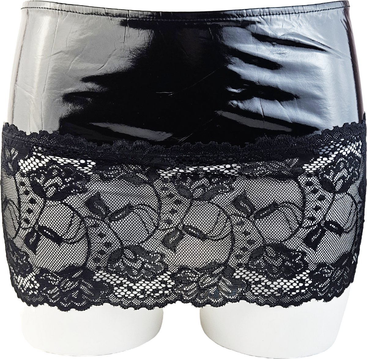 BamBella® - Datex mini Rok -   zwart met kant Rollenspel sm dames sexy Glans kleding mix van Latex en stof