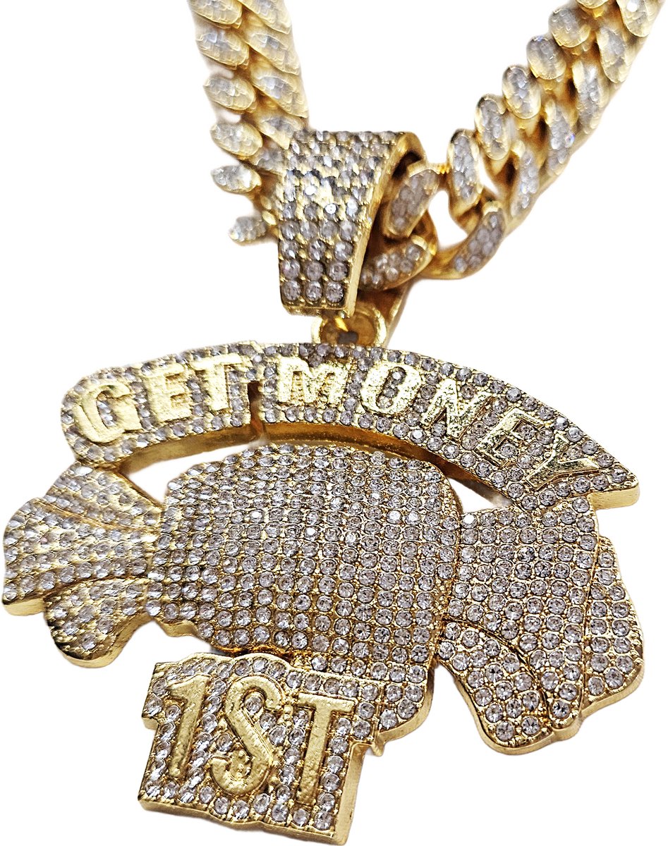 Gangster Rap Kleding Set - Get Money 1st - Carnaval verkleed kleding grote dikke nep gouden ketting met pet