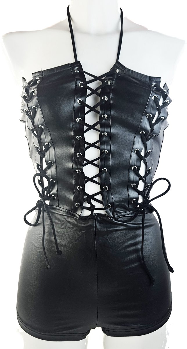 BamBella® Nep leer Shorts -  Wetlook korte broek Dames - Zwart met Riemen