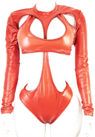 Jumpsuit - Maat S/M - Sexy bodysuit catsuit pak met openingen Wetlook Rood