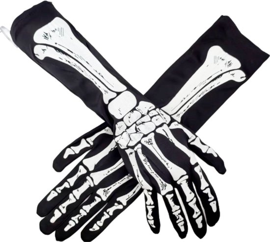 BamBella® - Lange Handschoenen Zwart skull goth gothic zwart wit carnaval verkleden halloween
