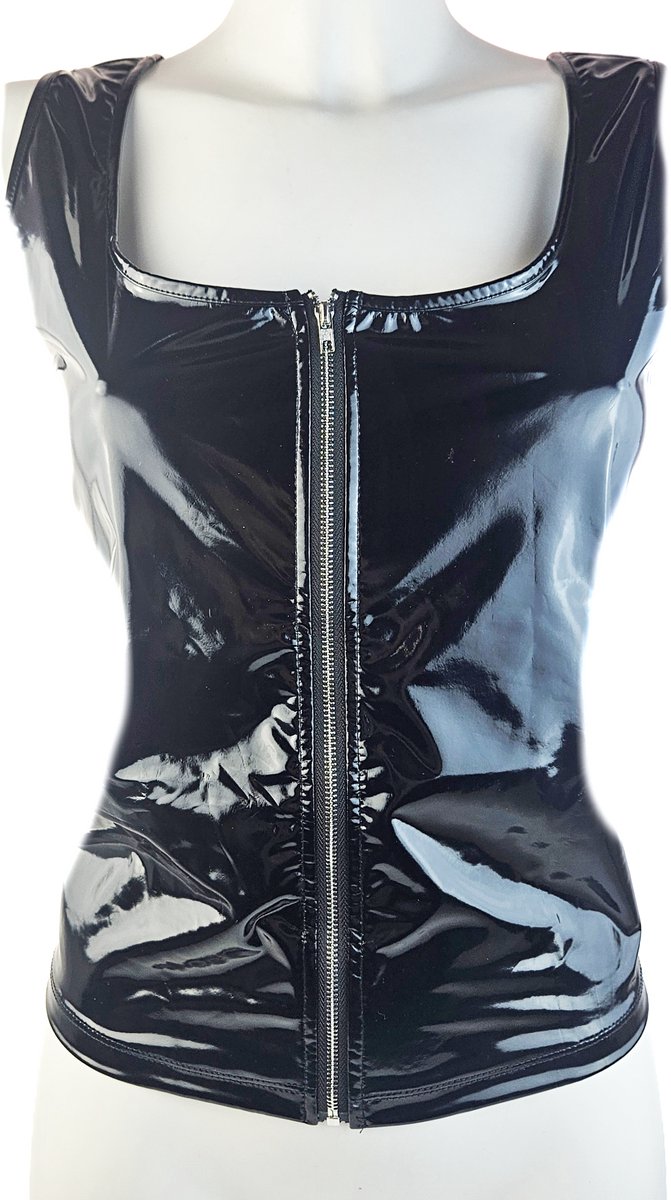 BamBella® Top - - Shirt met ritsZwart dames kleding sexy Glans kleding mix van Latex en stof Datex Wetlook Zwart