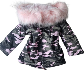 Jas parka - met roze bontkraag zacht imitatiebont roze legerprint