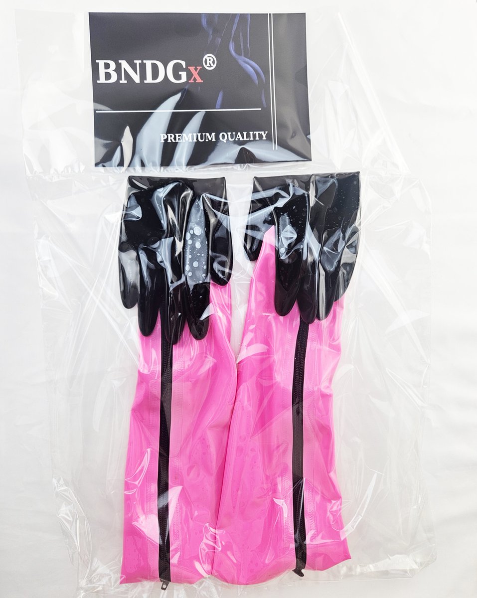 BNDGx® - 100% LATEX Handschoenen Lang Zwart roze BDSM SM sexy glans handschoen met rits BDSM Rubber Fetish SM rollenspel kleding