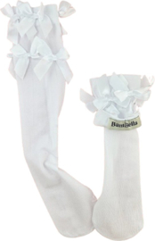 BamBella® Knie Sokken panty stof Dames - Onesize Wit met strikjes net Kniekousen - kousen
