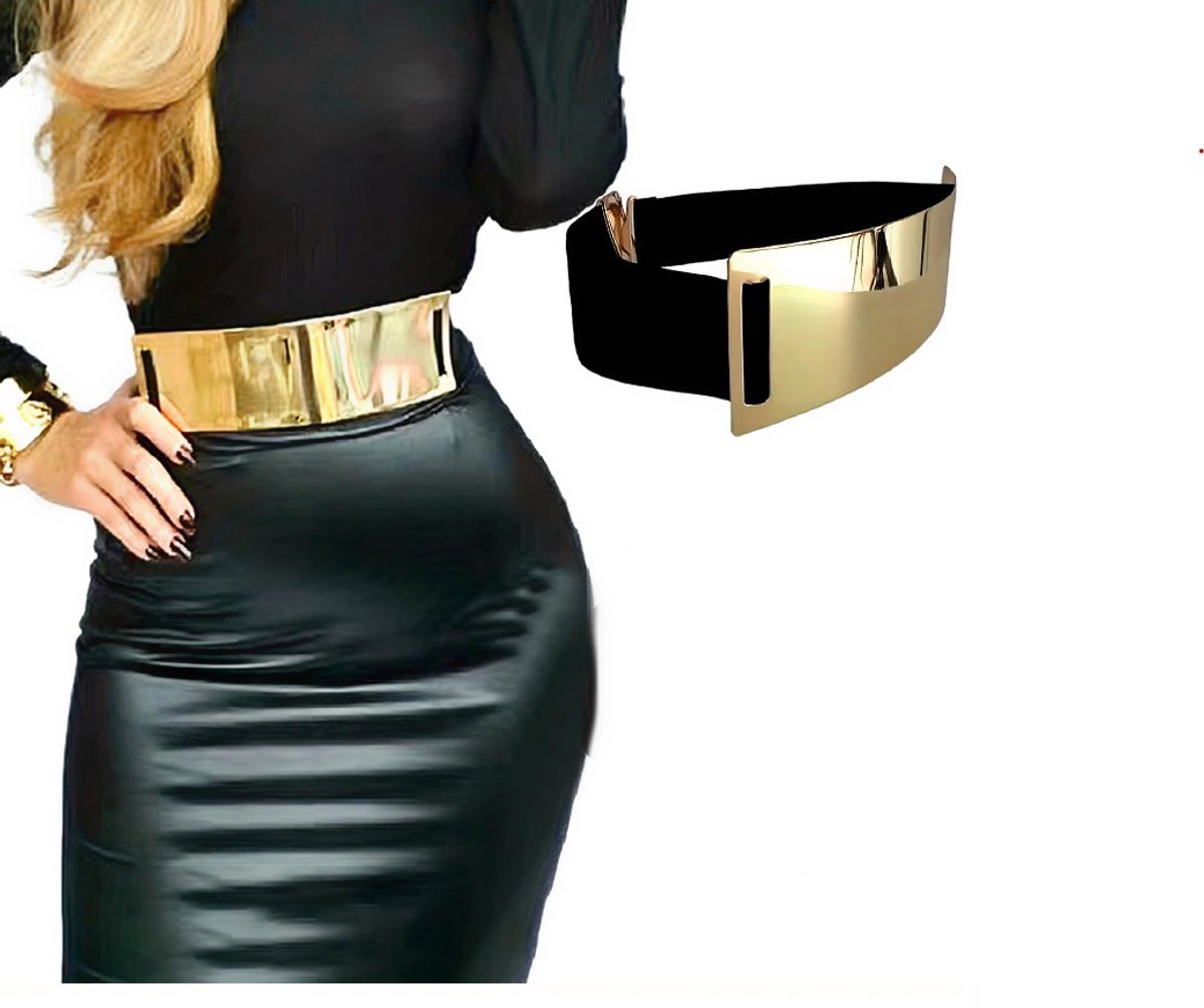 BamBella ® - Riem   Mode Body Gothic Goth taille riem zwart met goudkleurige plaat korset belt