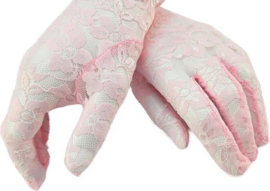 BamBella® Handschoenen van kant- Kort Roze - onesize - Elastische Visnet handschoen festival | verkleden feest kleding