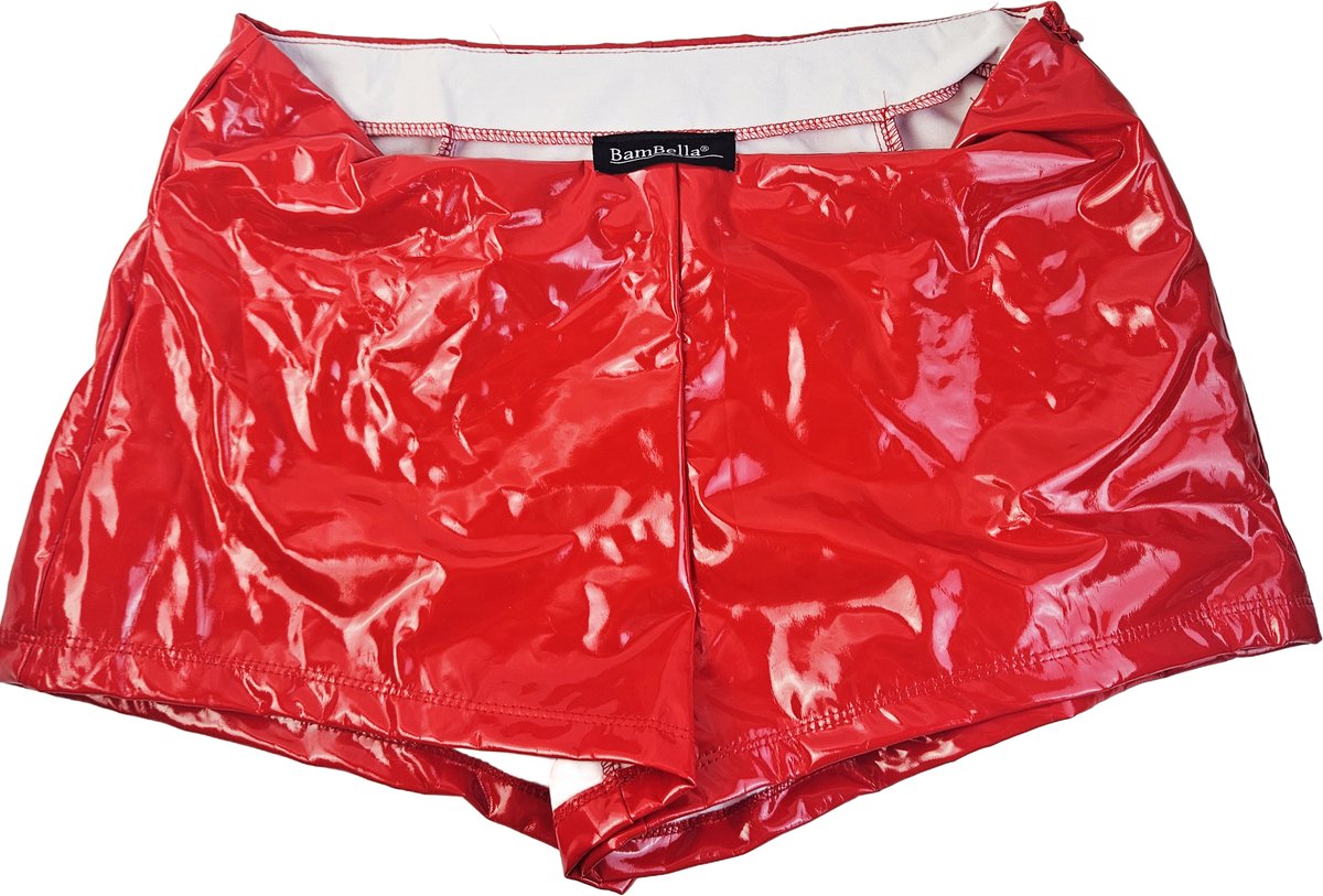 BamBella® - Short -  Rood dames sexy Glans kleding mix van Latex en stof Datex Wetlook met sluiting Korte broe shortsk