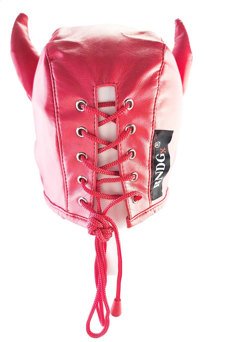 BNDGx® - BDSM Duivel seks Masker - Nep leer stof - Vetersluiting Rood met hoorns