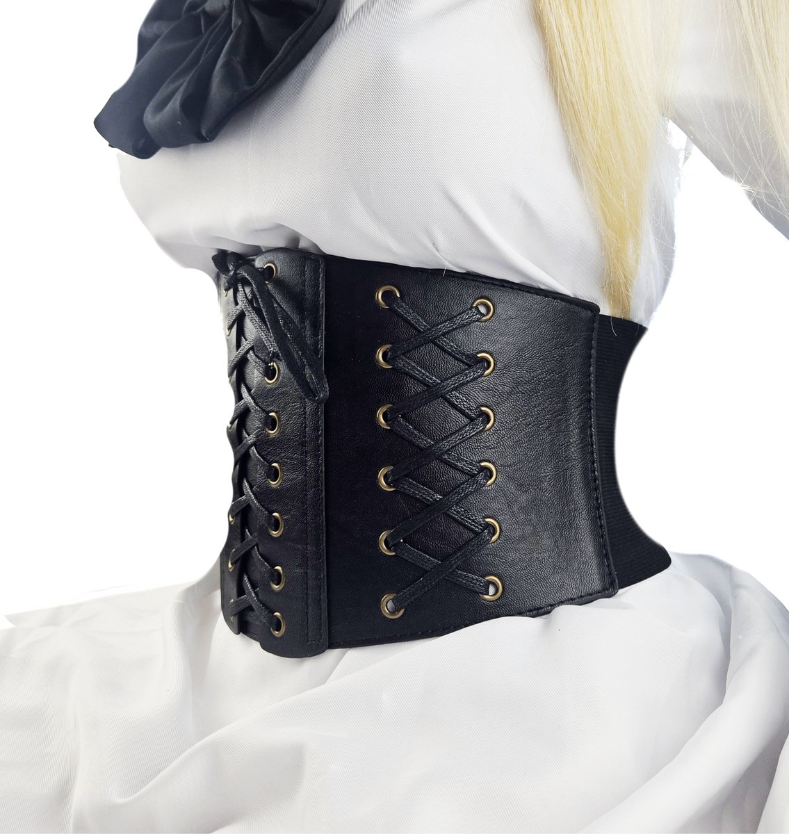 BamBella ® - Corset Riem Maat  Mode Body Gothic Goth taille riem zwart nepleer met vetersluiting Verstelbaar korset belt
