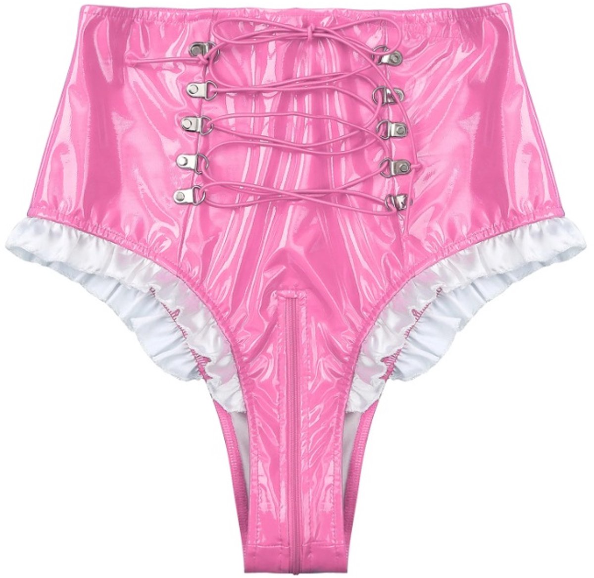 BamBella® Slip Onderbroek -   Erotische Sexy BDSM Lingerie Dames - Roze rits ondergoed Datex mix latex en stof wetlook open kruis