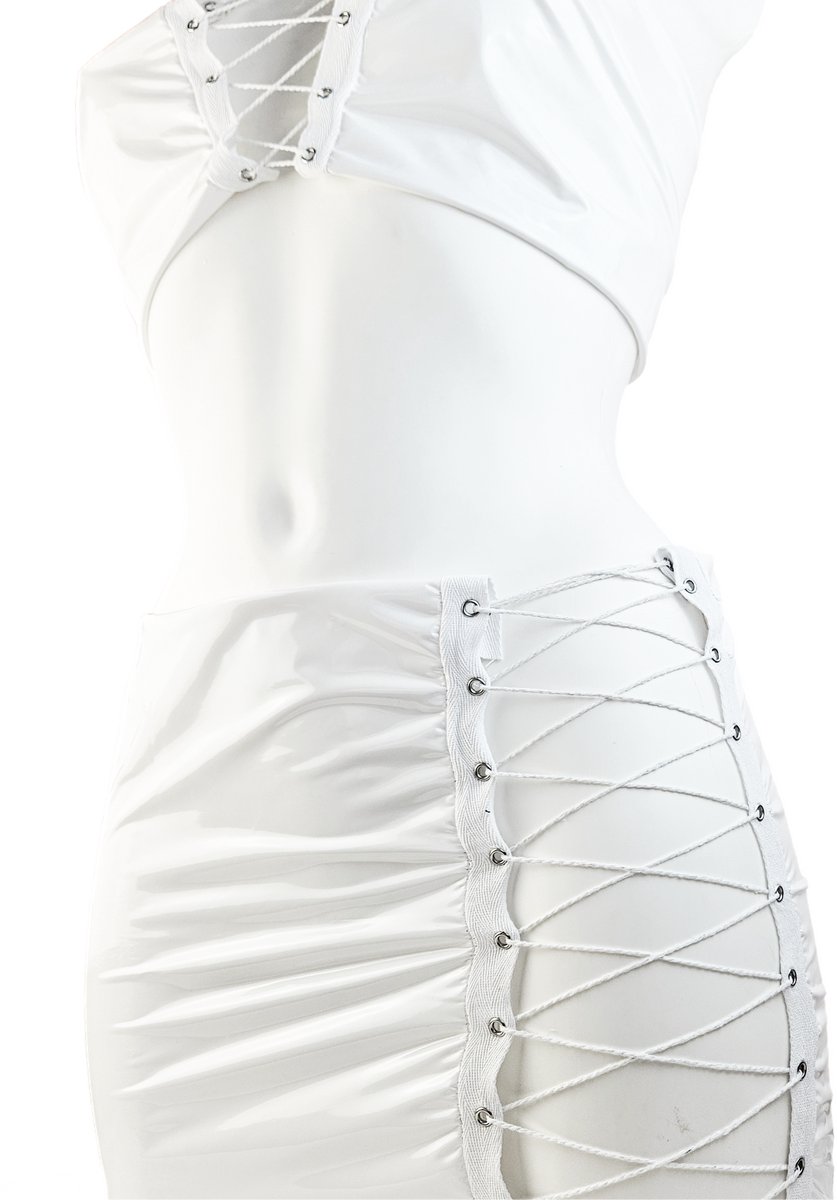 BamBella® Rok en top- Rood Sexy Set van Datex (Mix latex en stof ) Erotische dames kleding set kostuum Rok Lak glans shiny paal dans pak sexy kleding dames