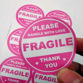 Breekbaar sticker 30 stuks roze etiketten fragile beschermd verzenden